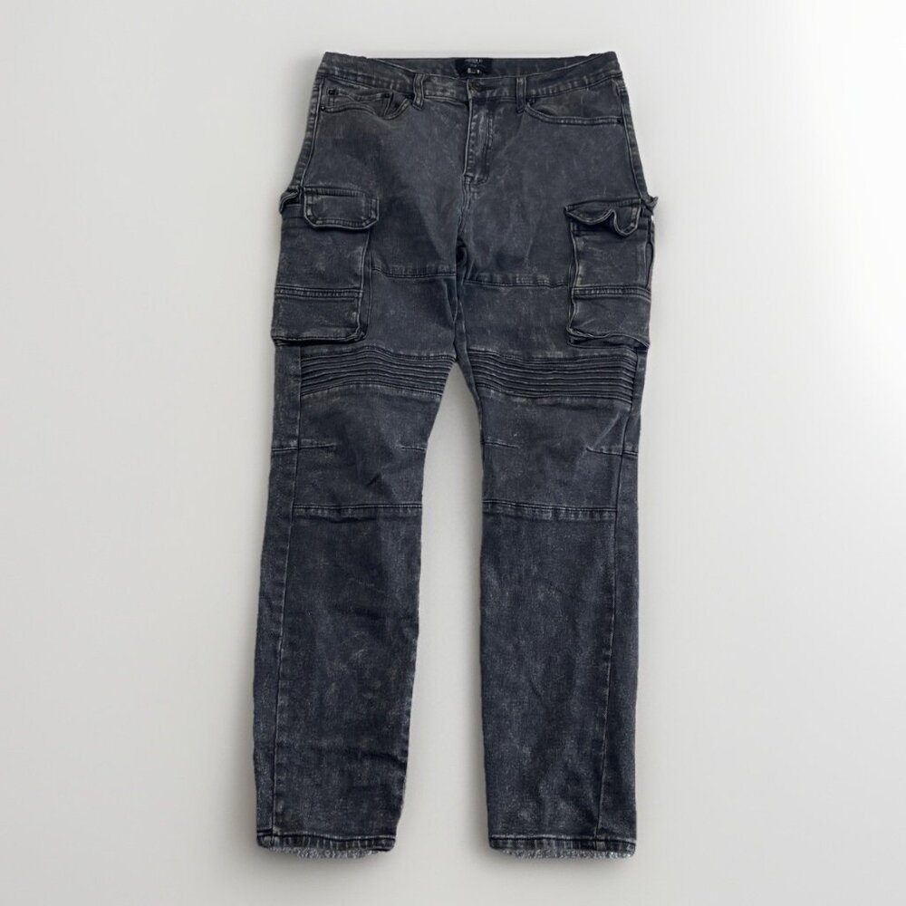 Y2K Forever 21 Cargo Tactical Jeans Slim Mens 30 Black Faded Denim Grunge Goth